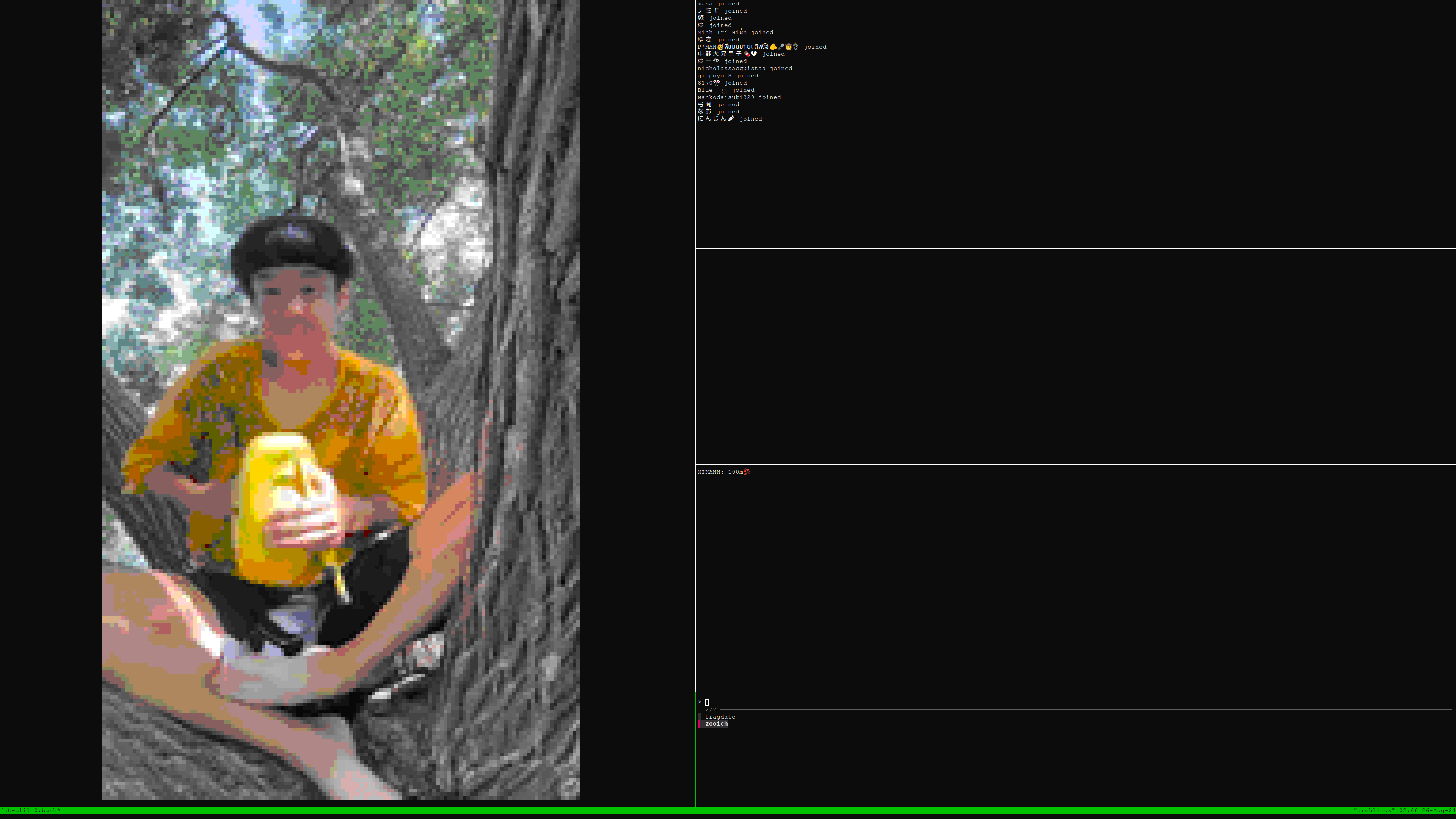 ttytok running in terminal with tmux panes showing live video, chat, and gifts